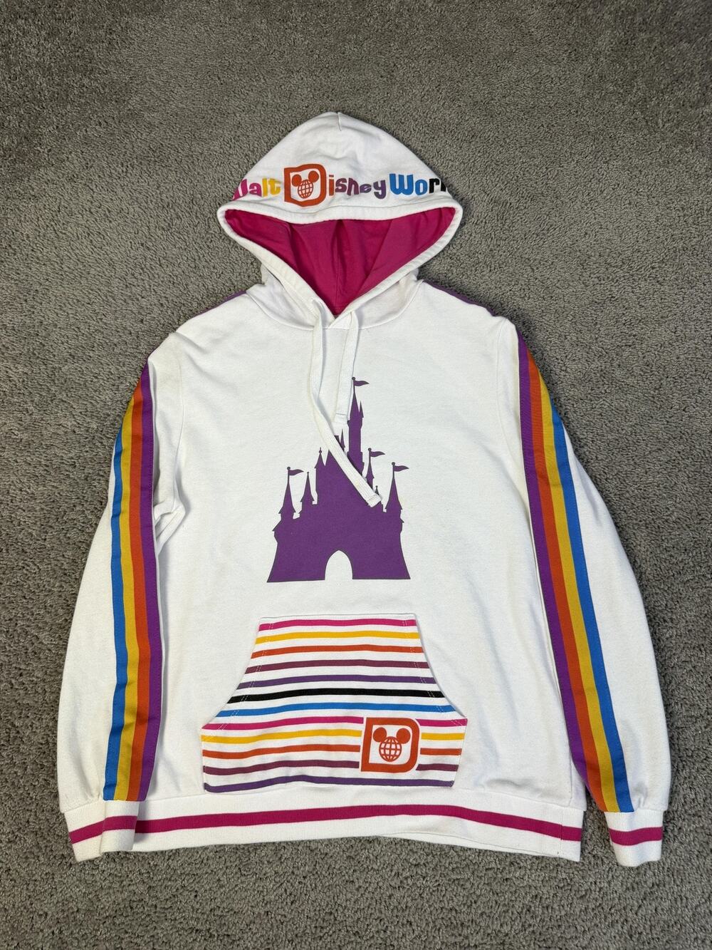 Disney Parks Hoodie Womens L White Walt Disney World Castle Rainbow Striped